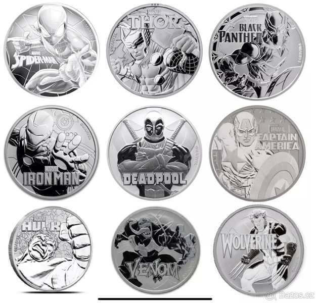 Sada stříbrných minci MARVEL 9x 1oz v etui