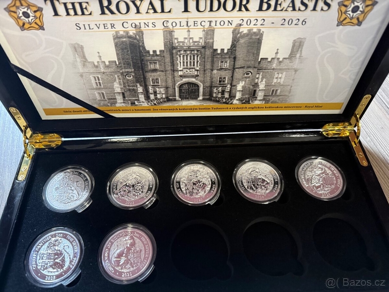 Série The Tudor Beasts od Royal Mint 2023 - prvních sedm stříbrných 2oz mincí v luxusní etui s kartou