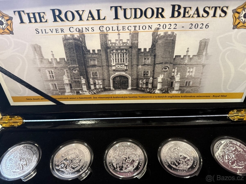 Série The Tudor Beasts od Royal Mint 2023 - prvních sedm stříbrných 2oz mincí v luxusní etui s kartou