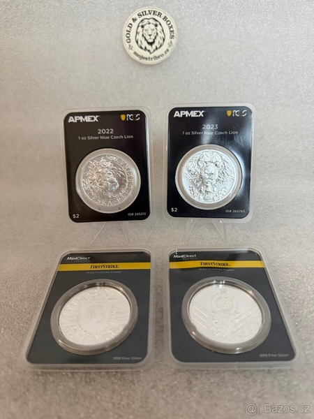 2x stříbrná mince 1 oz Český lev 2022+ 2023 BU Apmex (MD® Premier + PCGS FS)