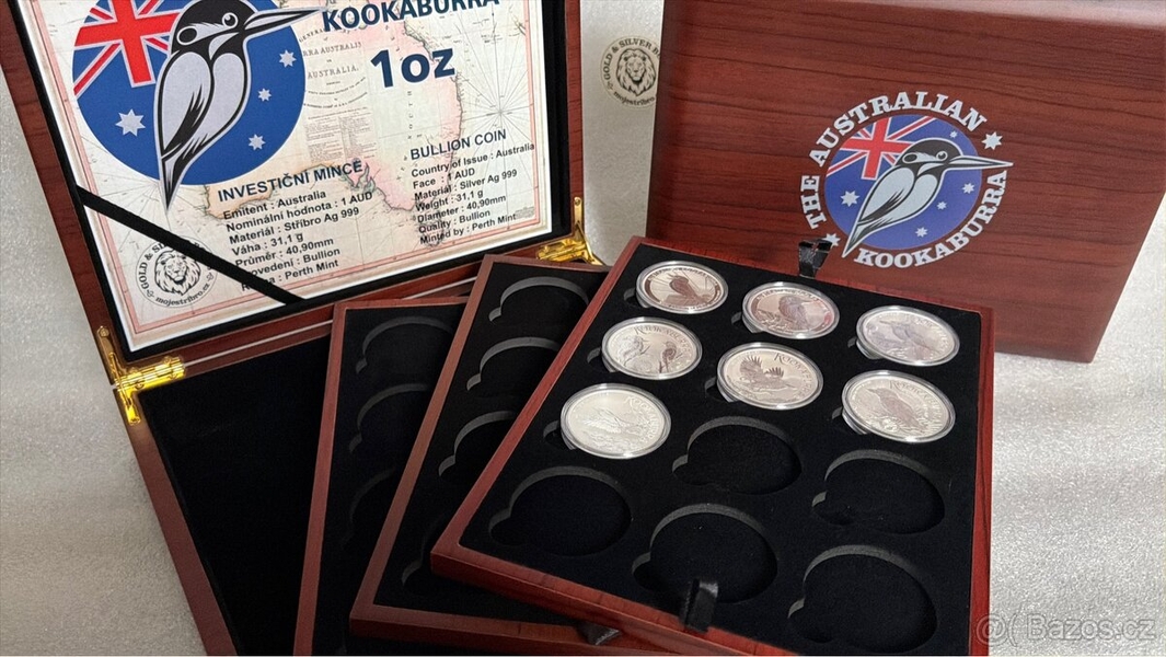 7x 1oz investiční stříbrná mince Kookaburra 2020 - 2026 v etui pro 36 mincí