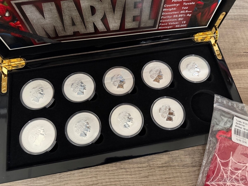 Sada stříbrných minci MARVEL 9x 1oz v etui