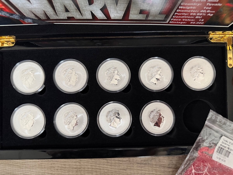 Sada stříbrných minci MARVEL 9x 1oz v etui