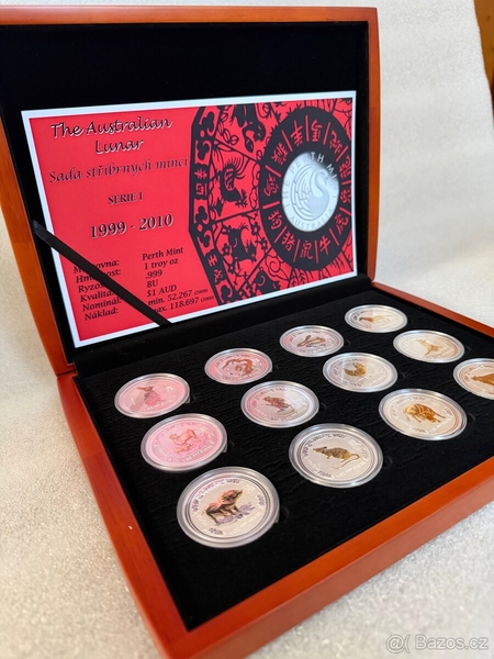 Kompletní sada  pozlacených GILDED stříbrných mincí 1oz Perth Mint Lunarní kalendář Série I v etui s kartou mincí