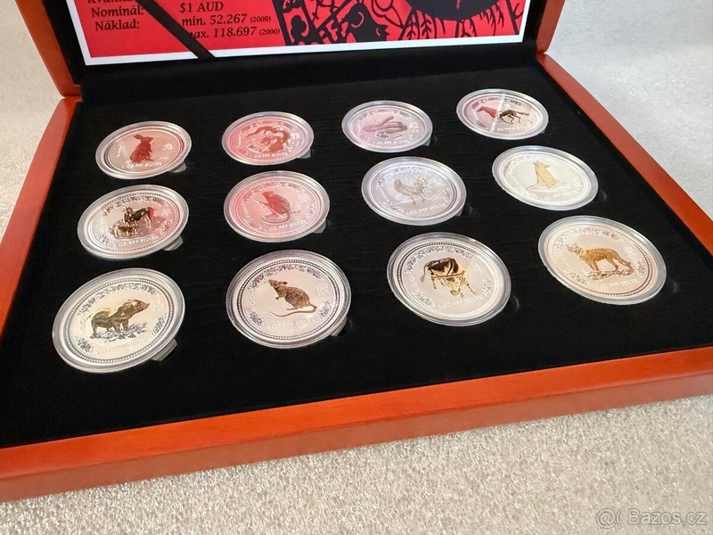 Kompletní sada  pozlacených GILDED stříbrných mincí 1oz Perth Mint Lunarní kalendář Série I v etui s kartou mincí